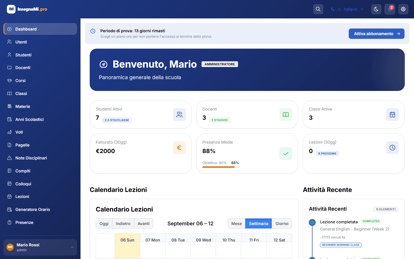 InsegnaMi.pro admin dashboard for a language school