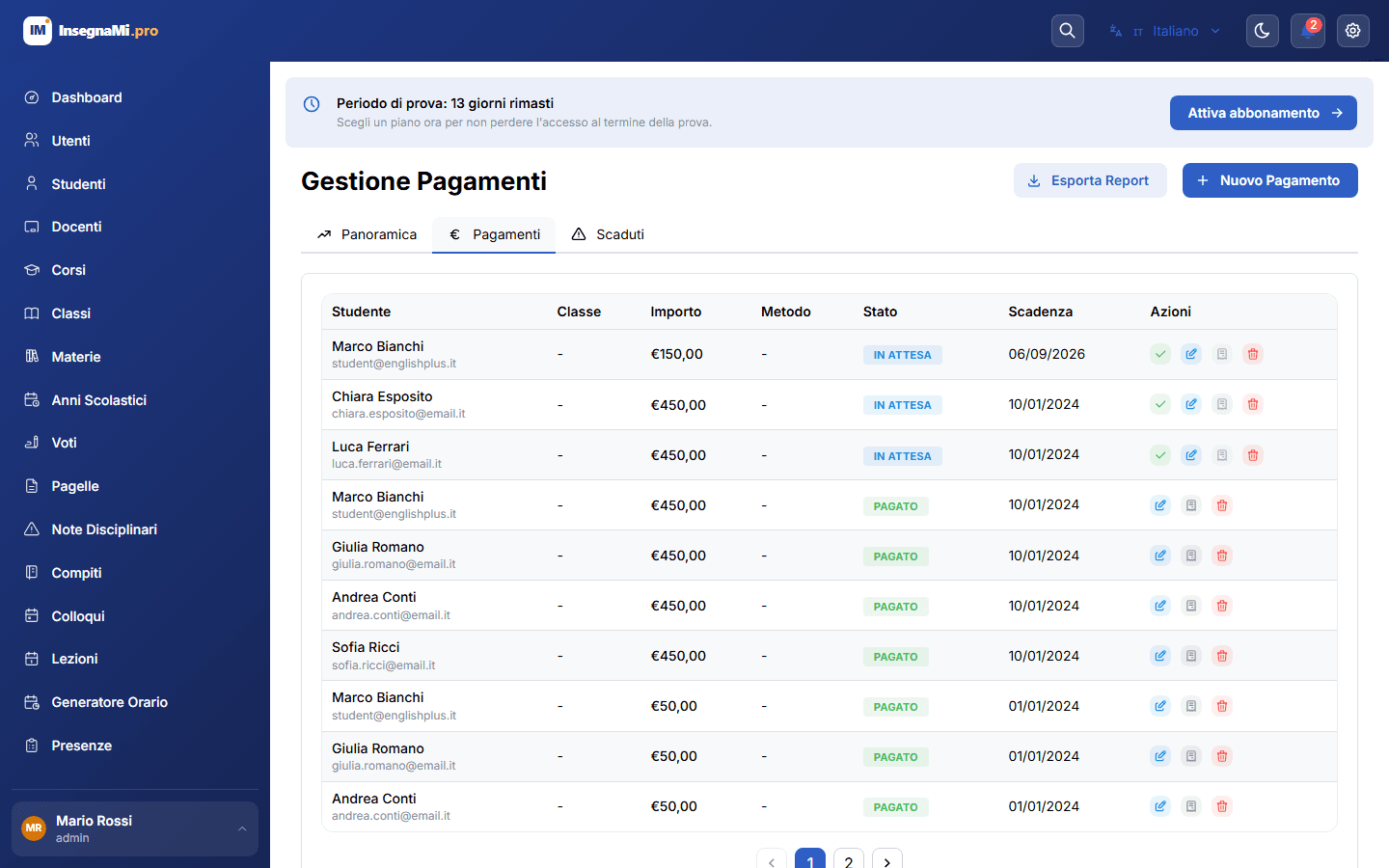 Payment and fee management screen in InsegnaMi.pro